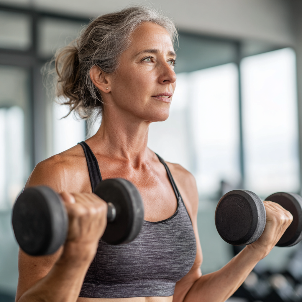 Mature woman in her 40s exercising with dumbbells in a bright modern gym, wearing athletic wear, showing focused determination and proper form during strength training workout