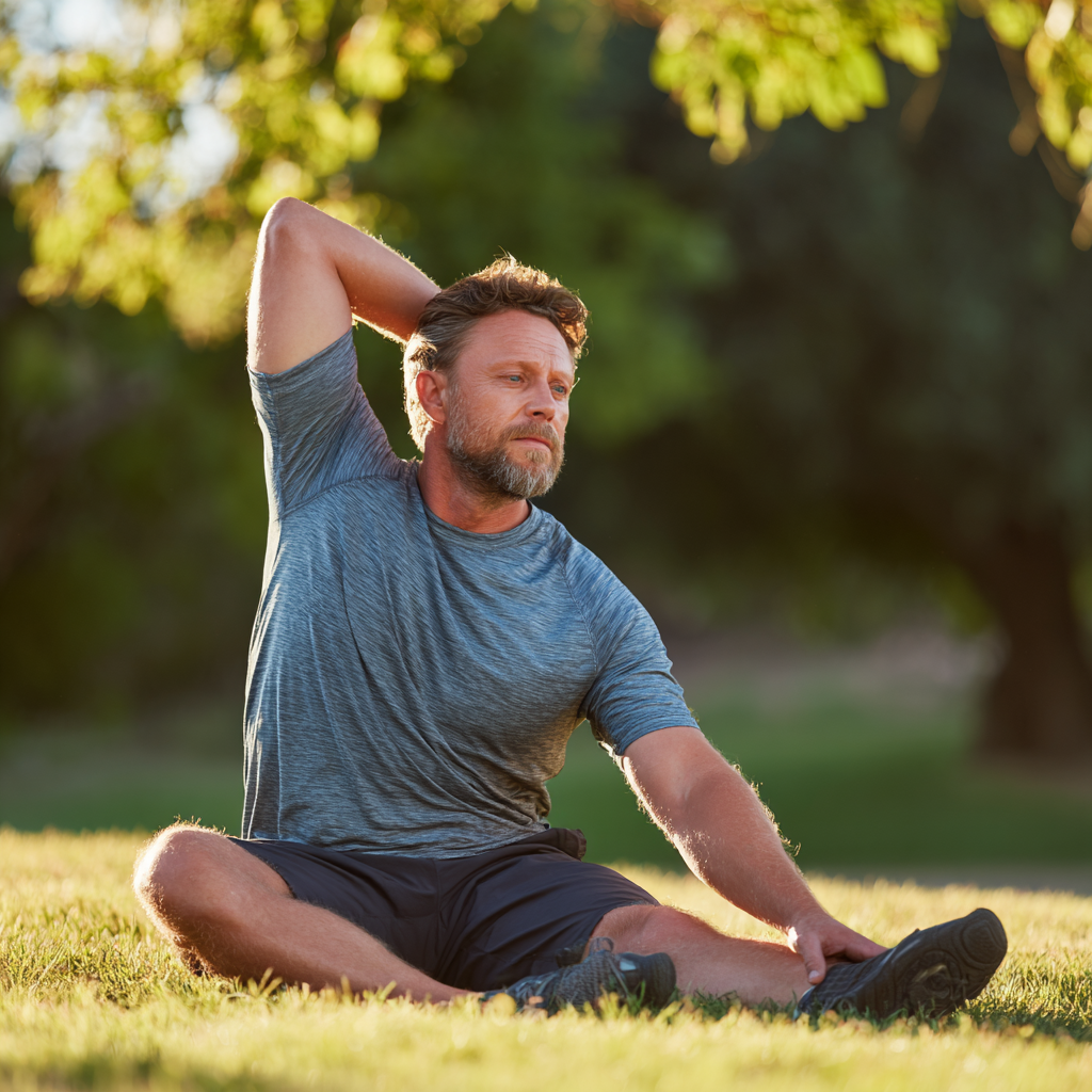 Middle-aged man in his late 40s stretching outdoors in a peaceful park setting, wearing comfortable athletic clothing, demonstrating proper flexibility exercises with focused expression